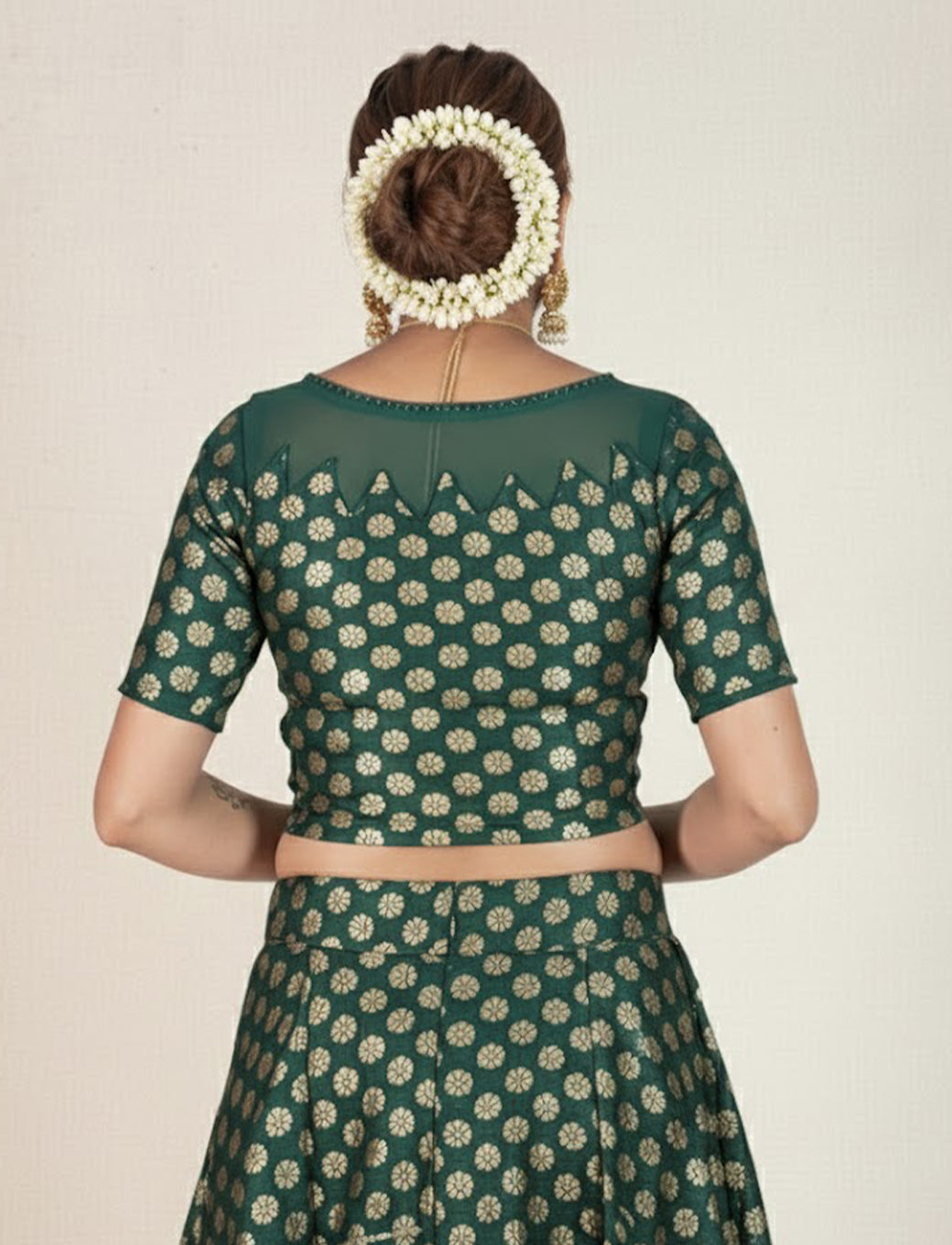 Dark Green Crush Blouse with Golden Flower & Net