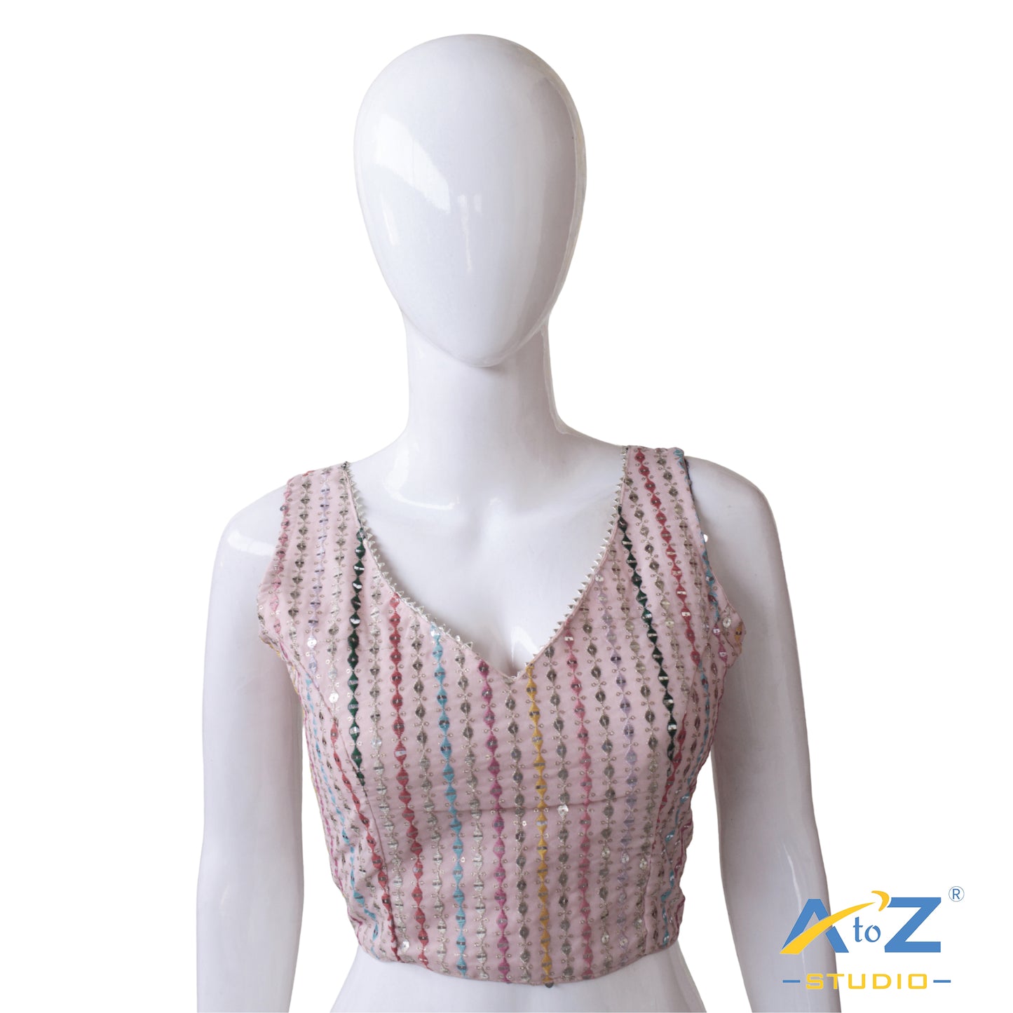 Baby pink Georgette Blouse with Multicolored Vertical Sequin Embroidery and Stylish Back Tie