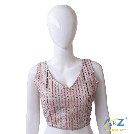 Baby pink Georgette Blouse with Multicolored Vertical Sequin Embroidery and Stylish Back Tie