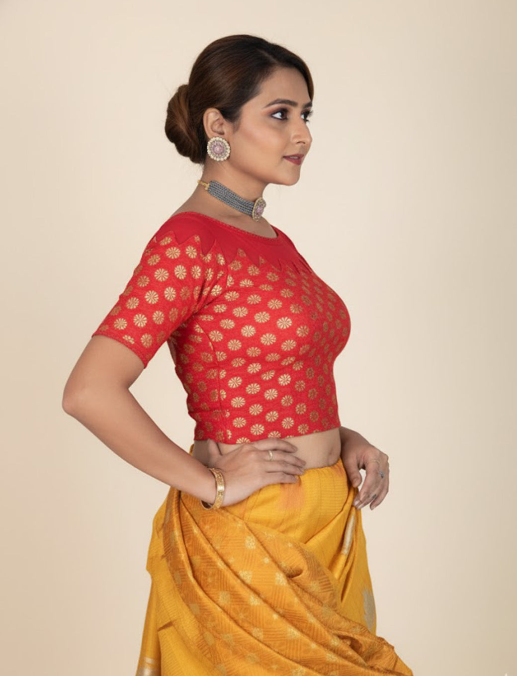 Red Crush Blouse with Golden Flower & Net