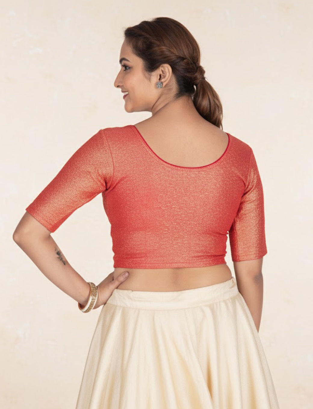 Red Tissue Lycra Blouse with Golden Crumble
