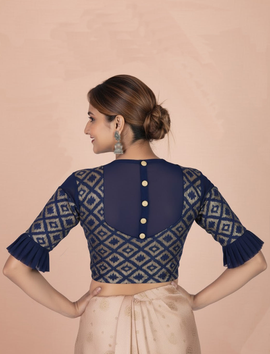 Navy Blue Zarjet Blouse with Golden Diamond Print