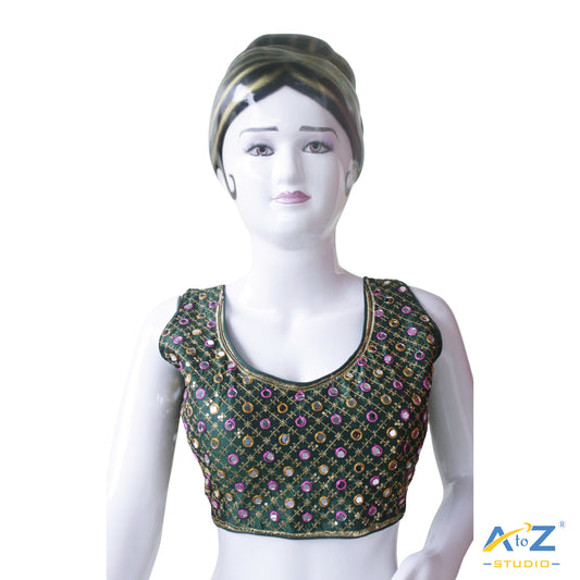 Hand-Embroidered Bottle Green blouse with sequin & Mirror work.