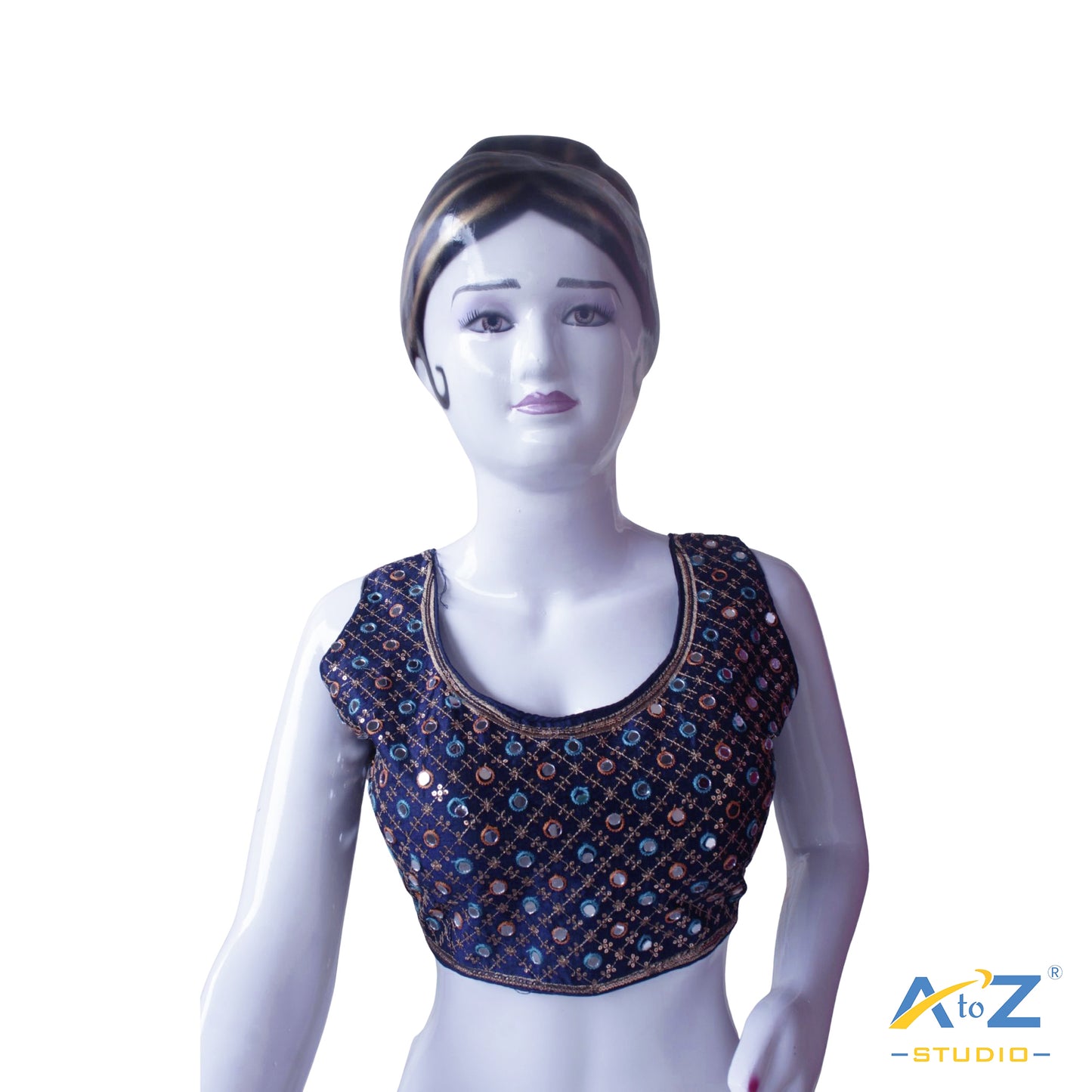 Hand-Embroidered navy blue blouse with sequin & Mirror work