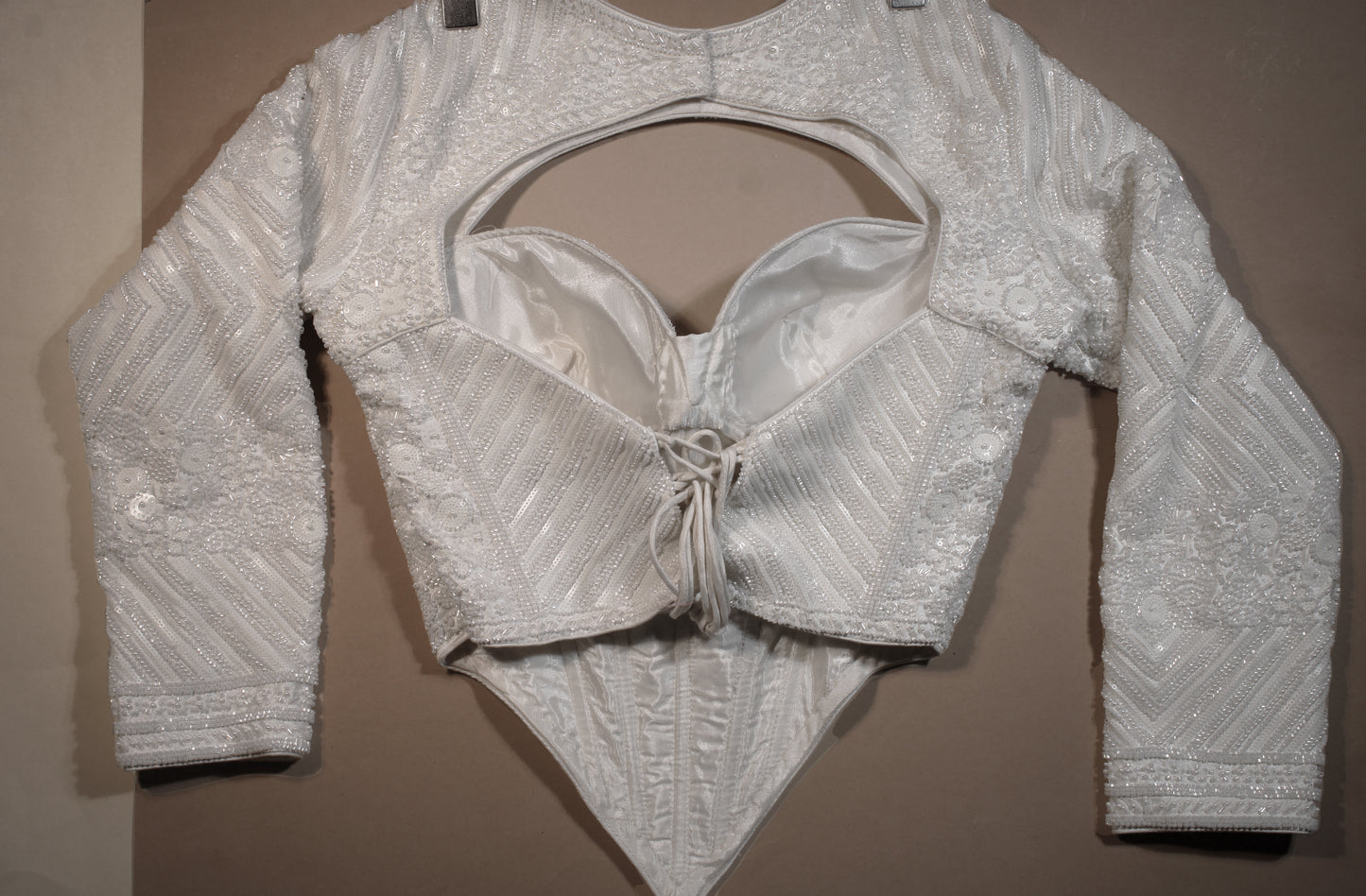 Off-White Heavily Sequined Corset Blouse with Cut-Out High Neck & Full Sleeves