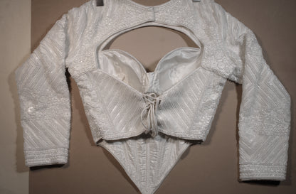 Off-White Heavily Sequined Corset Blouse with Cut-Out High Neck & Full Sleeves
