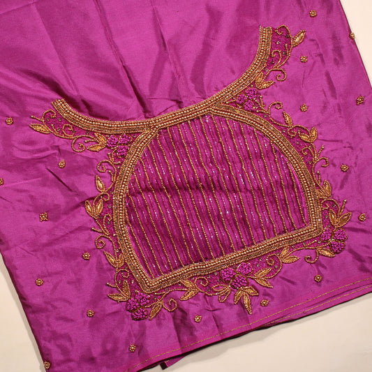 "Luxury DkPurple Silk Blouse Material with Gold Zardozi and Bead Detailing"