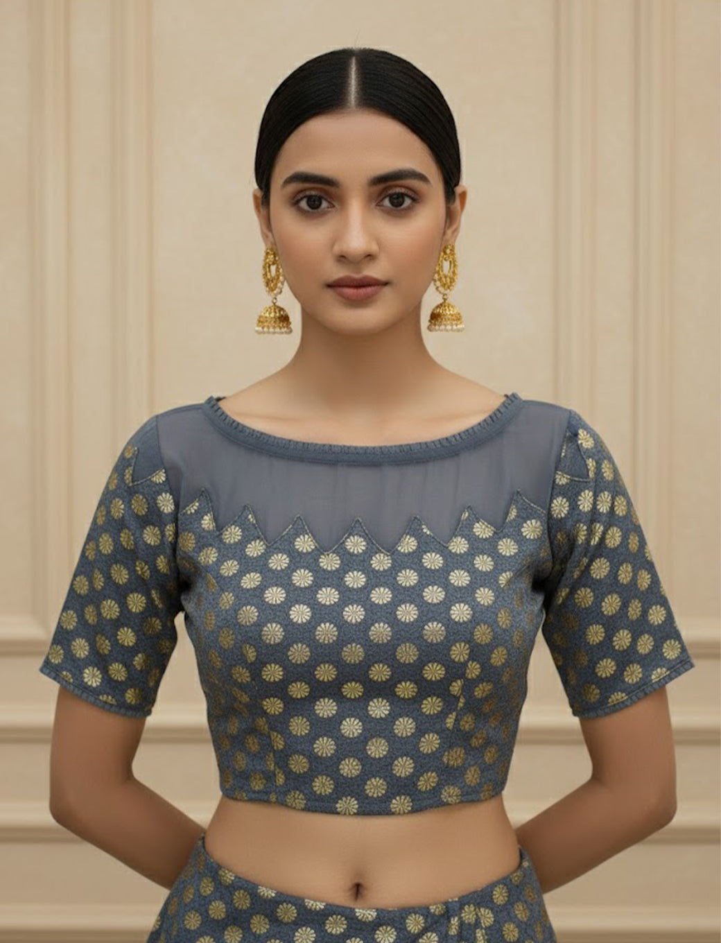 Grey  Crush Blouse with Golden Flower & Net