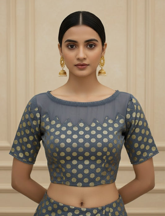 Grey  Crush Blouse with Golden Flower & Net