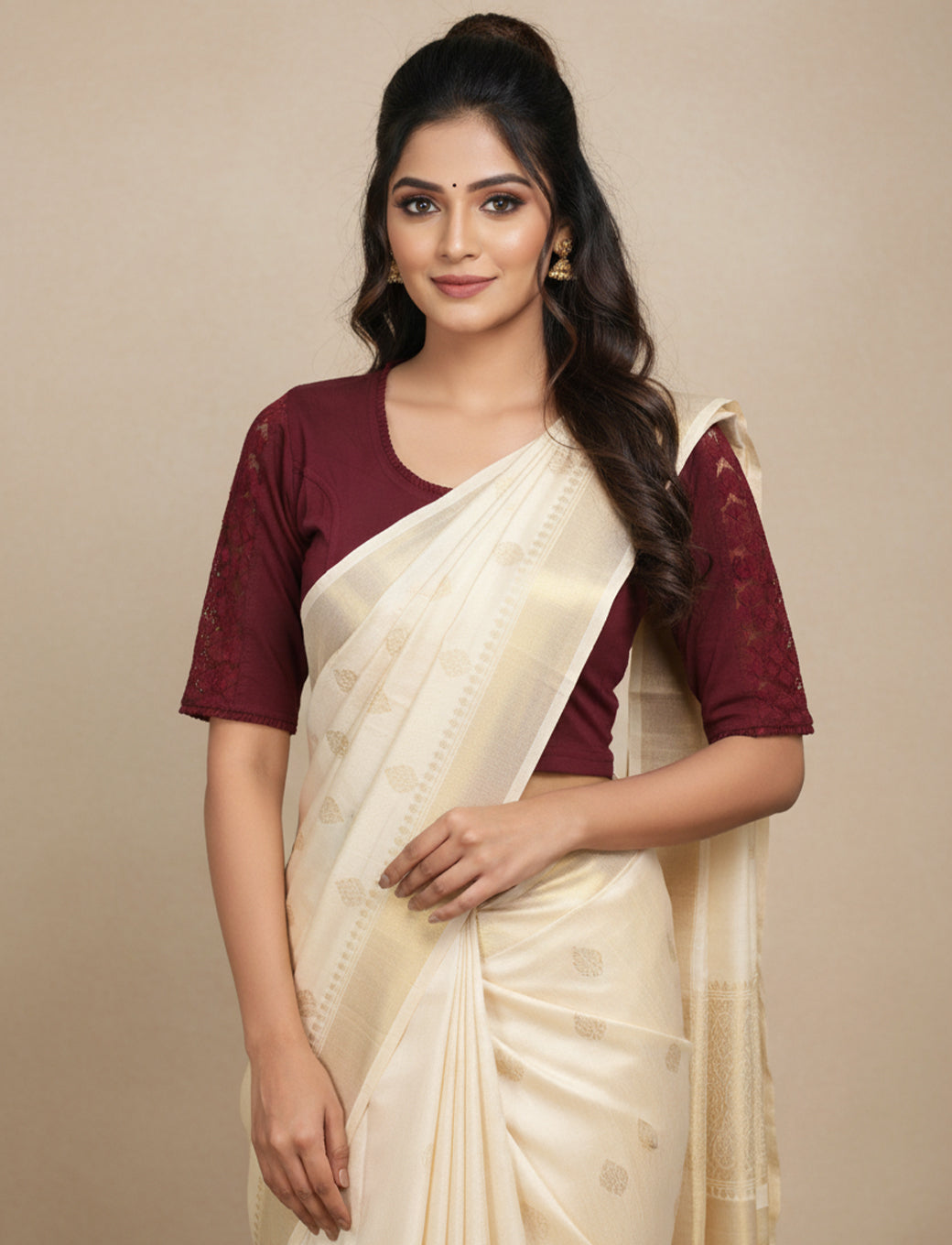 Maroon Cotton Lycra Blouse with Netted Flower Design