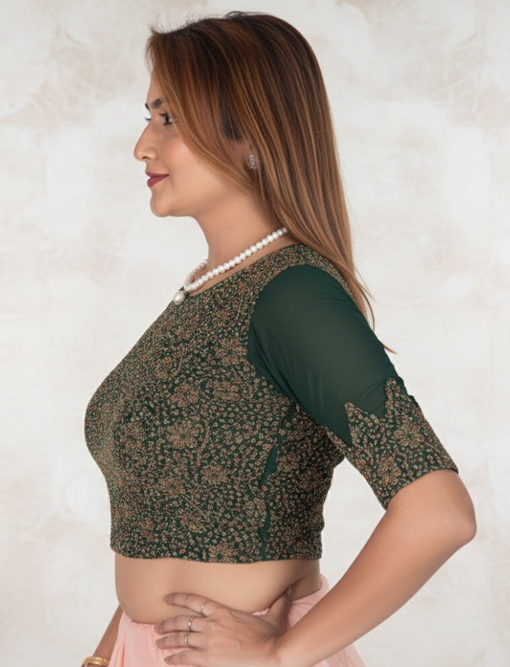 Dark Green Tissue Lycra Blouse with Multi-Color Jeri Design