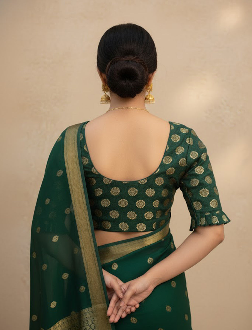 Dark Green Crush Blouse with Golden Sunflower