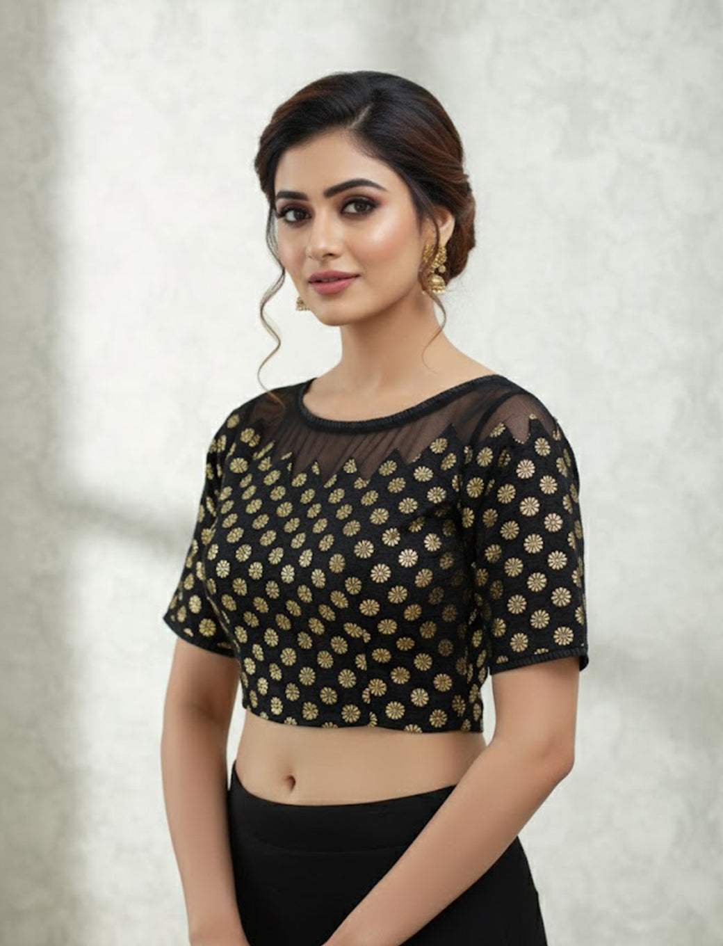 Black  Crush Blouse with Golden Flower & Net