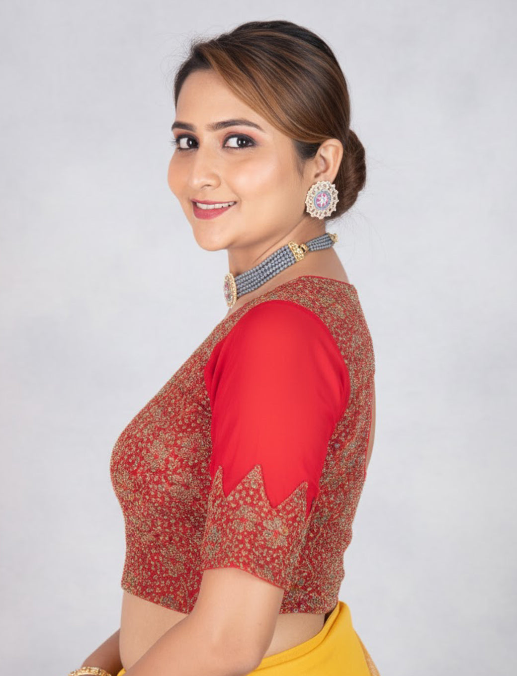 Red Tissue Lycra Blouse with Multi-Color Jeri Design