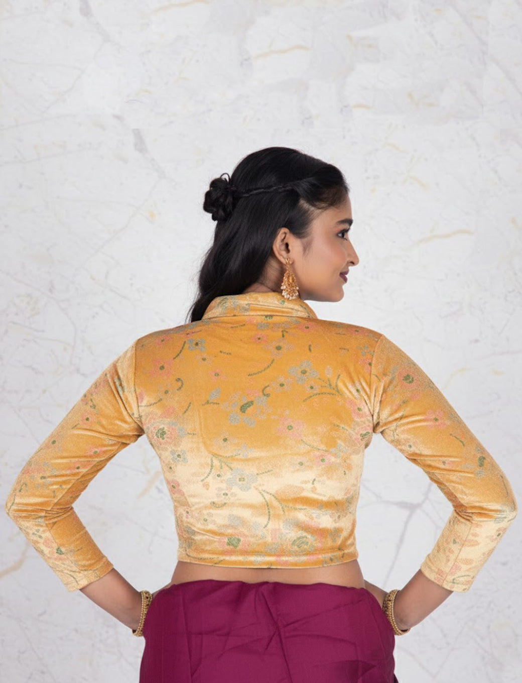 Dark Chiku Velvet Blouse with Floral Prints