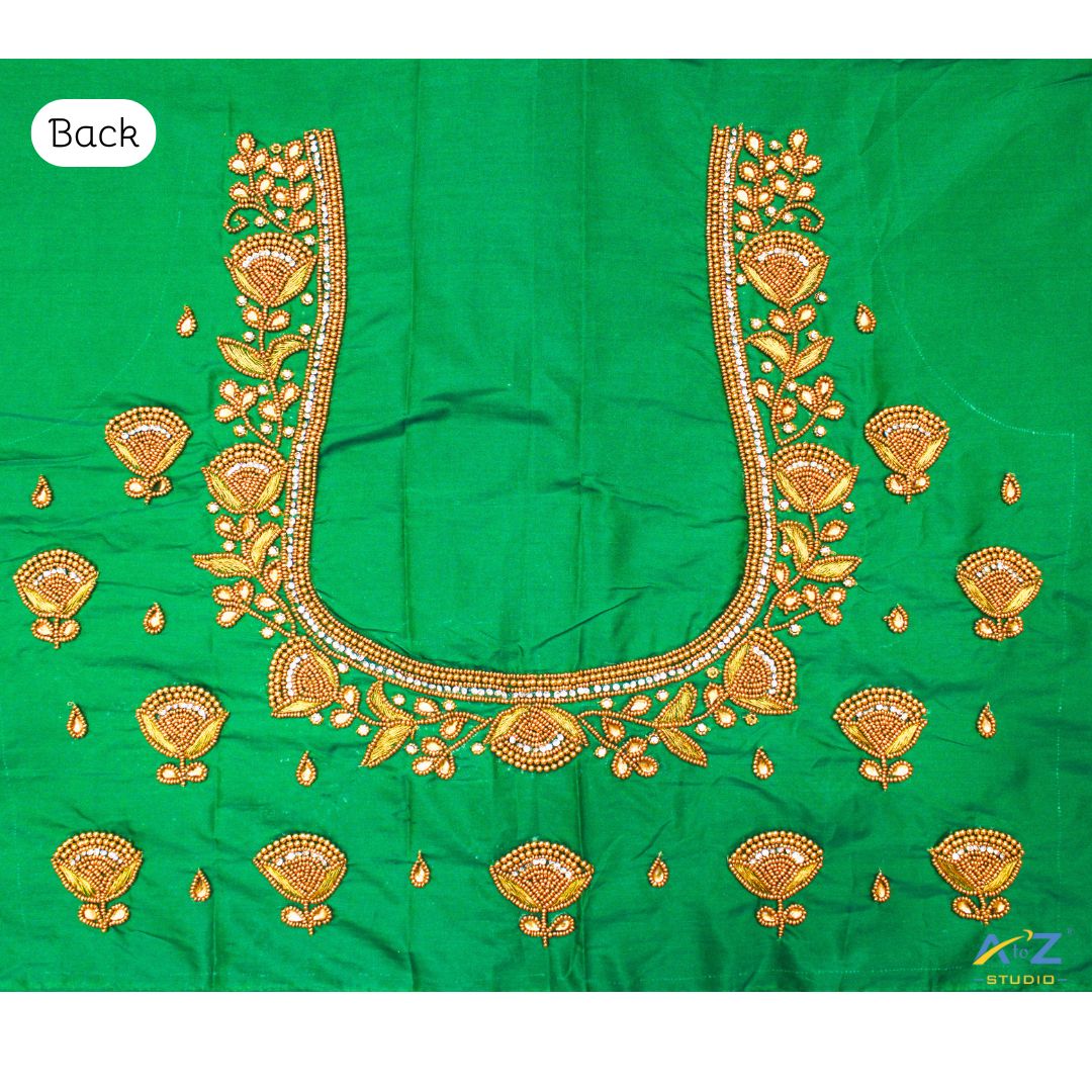 Crocodile Green Silk Blouse Piece With Aari Work