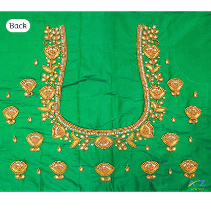 Crocodile Green Silk Blouse Piece With Aari Work