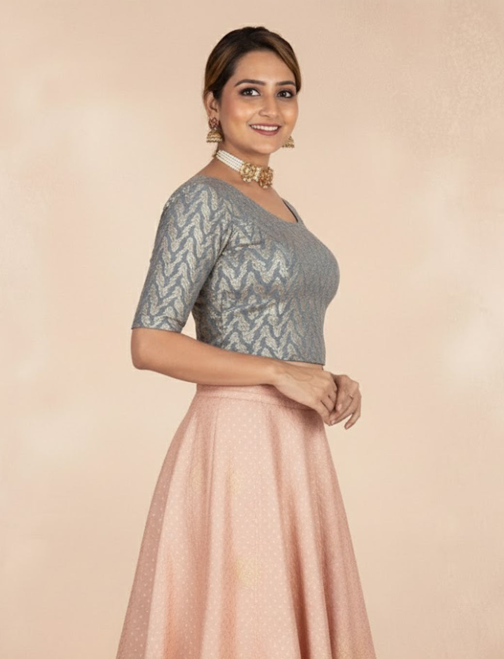 Grey  Crush Blouse with Zig Zag Golden Print