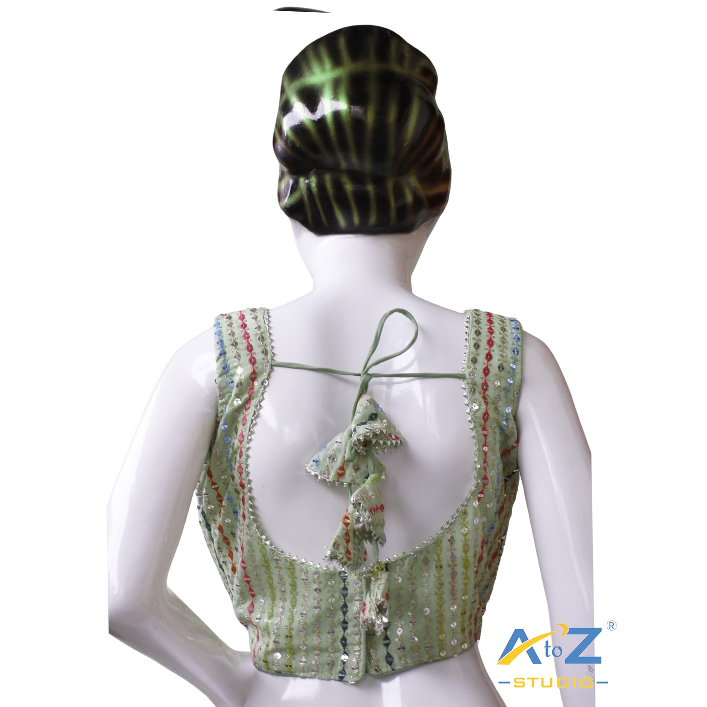 Elegant Pista Green Georgette Blouse with Multicolor Sequin Stripe Embellishments