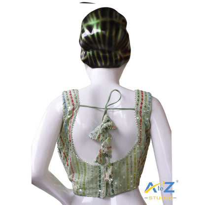 Elegant Pista Green Georgette Blouse with Multicolor Sequin Stripe Embellishments