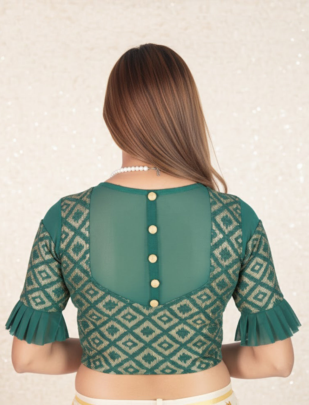 Dark Green Zarjet Blouse with Golden Diamond Print