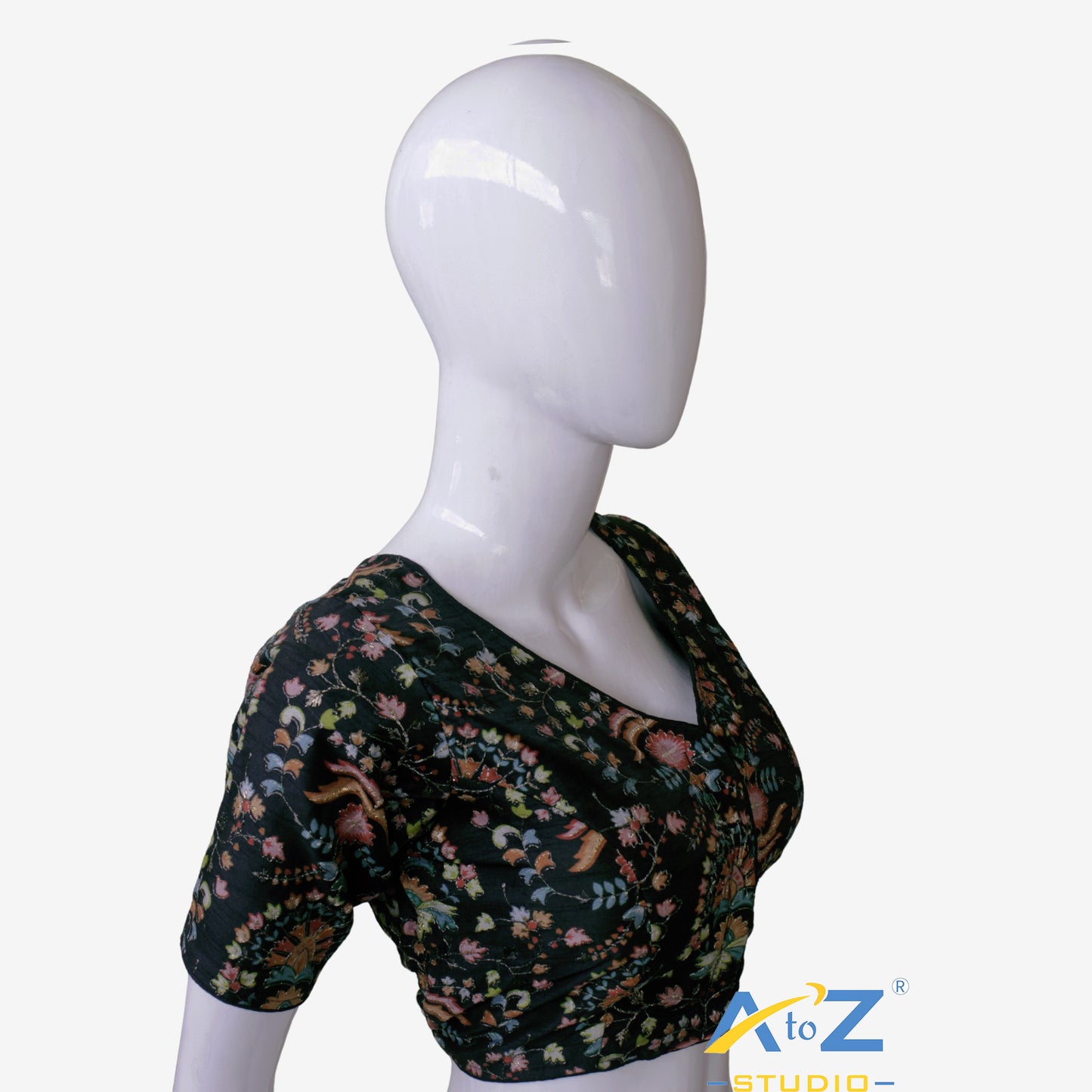 Black base with colorful and dense floral embroidery.