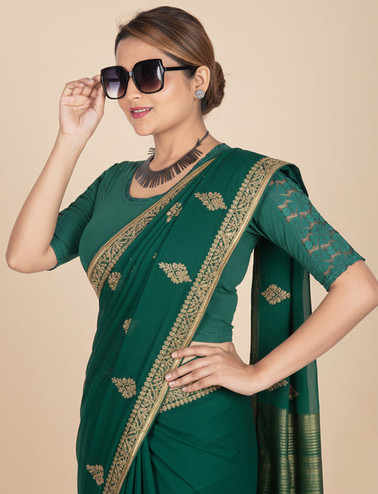 Dark Green Cotton Lycra Blouse with Netted Flower Design