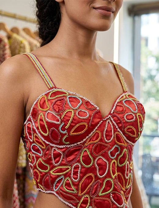Red Multicolor Beaded Abstract Designer Corset Blouse