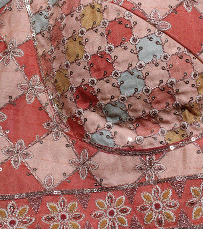 Peach Patchwork Sequined Blouse with Sweetheart Neck