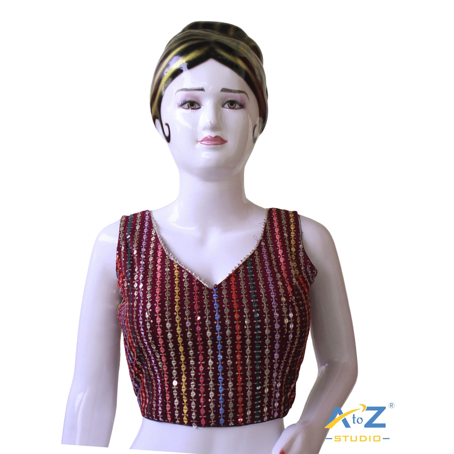 Sparkling Sequin Striped Wine Georgette Blouse with Embellished Tie-Up