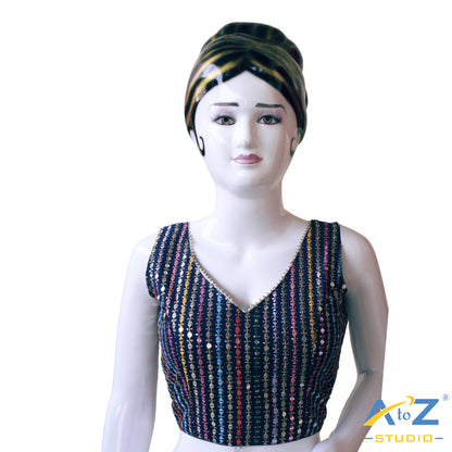 Elegant Rama Blue Georgette Blouse with Multicolor Sequin Embroidery and Contemporary V-Neck Design