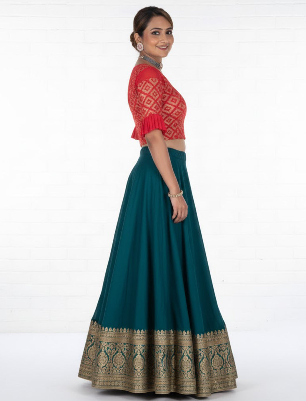 Red Zarjet Blouse with Golden Diamond Print