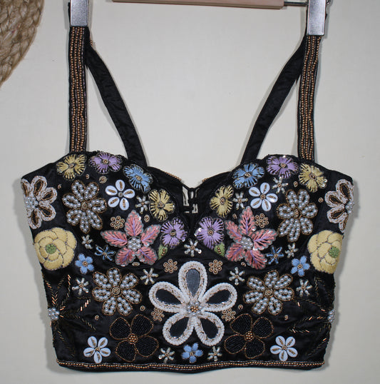 Black Satin Corset Blouse with Multicolor 3D Floral Embroidery & Lace-Up Detail