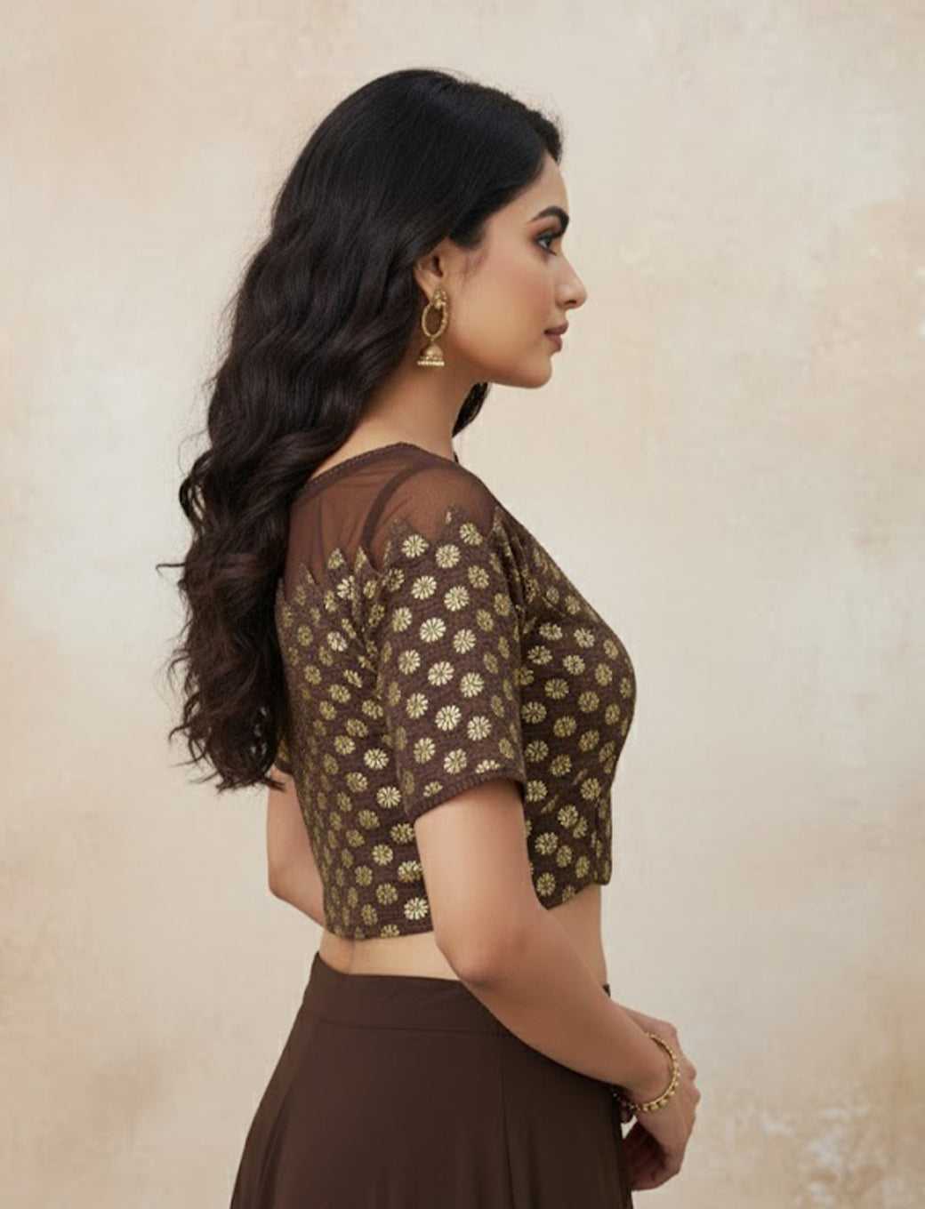 Coffee Crush Blouse with Golden Flower & Net