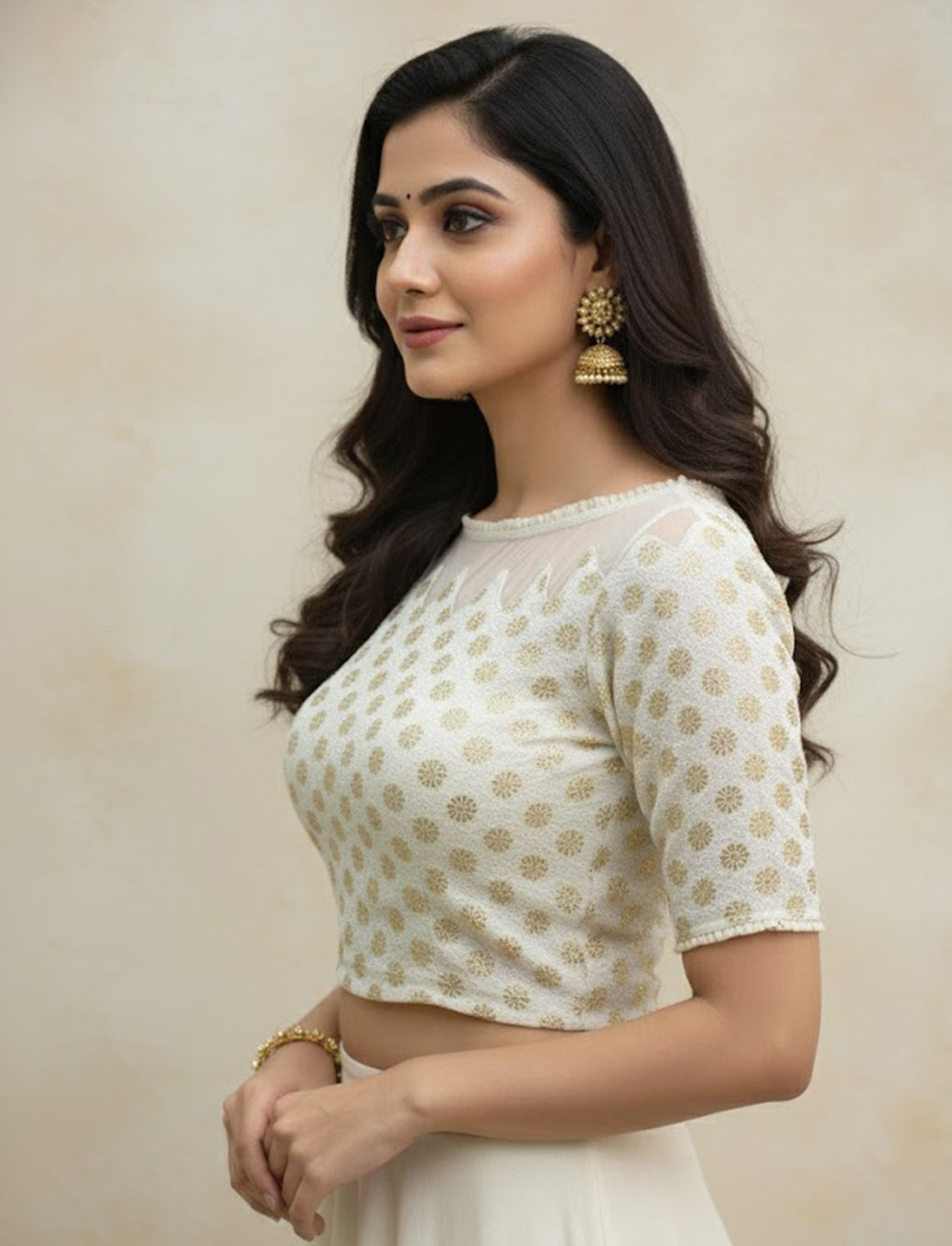 Cream Crush Blouse with Golden Flower & Net