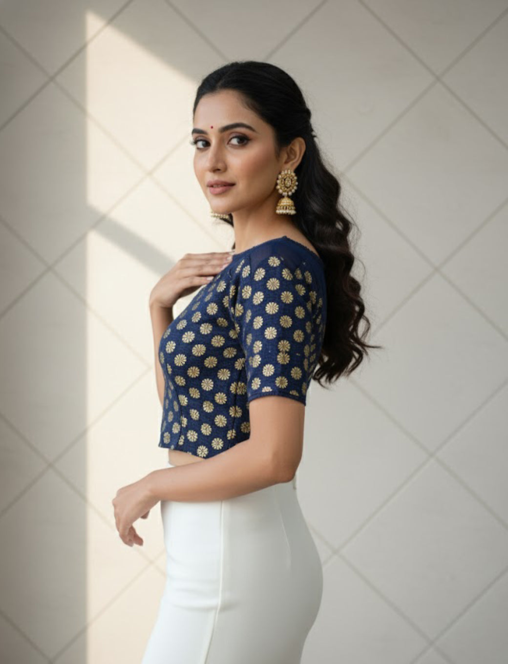 Navy Blue Crush Blouse with Golden Flower & Net