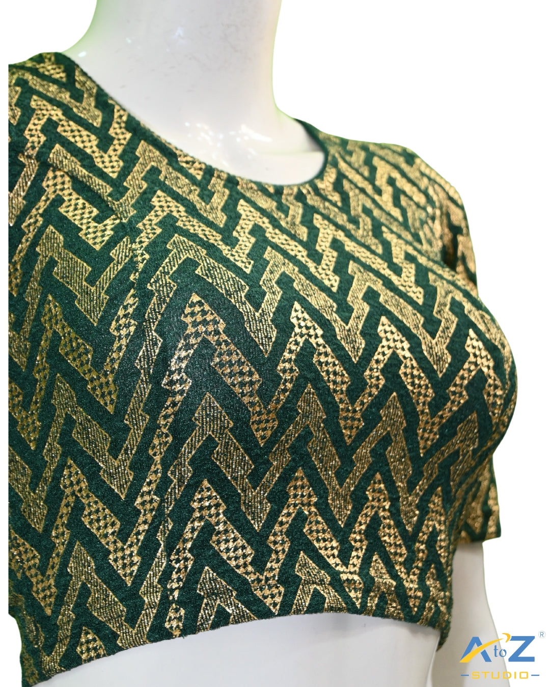Dark Green Crush Blouse with Zig Zag Golden Print