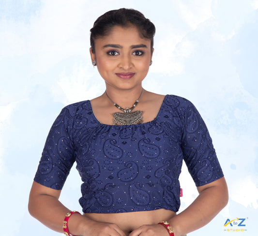 Navy Blue Synthetic Lycra Chikankari Elbow Sleeve Blouse