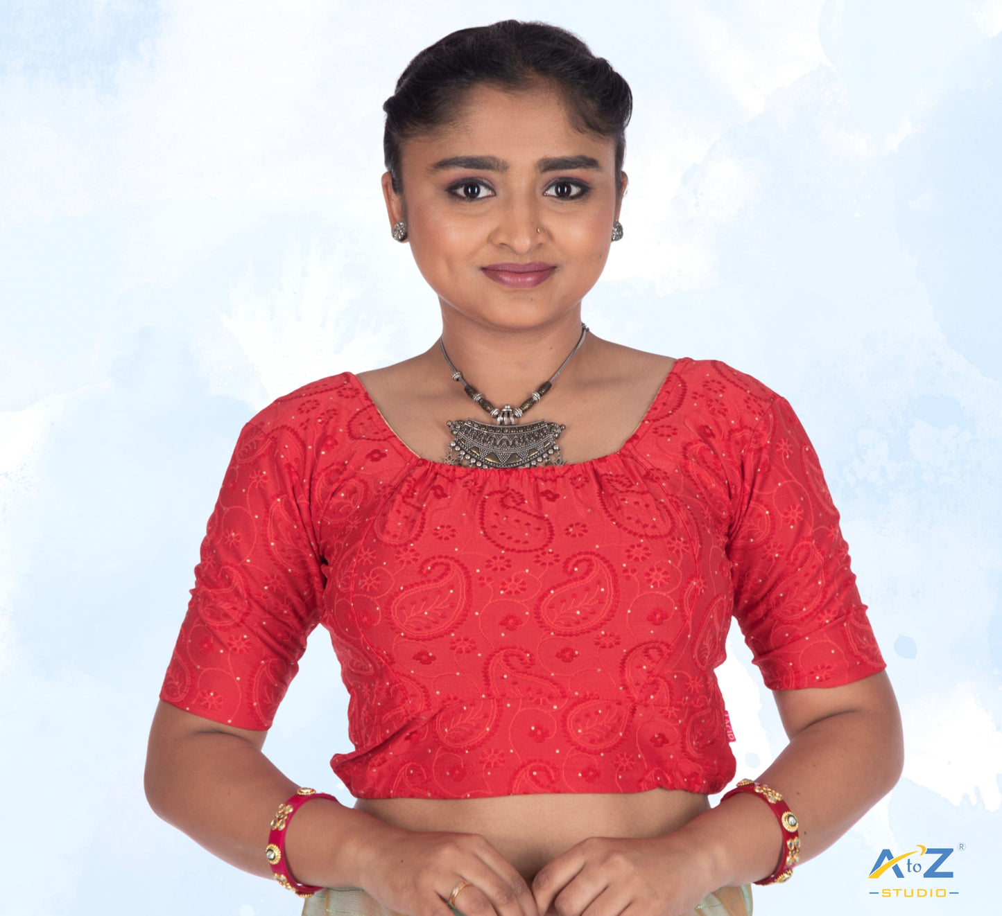 Red Synthetic Lycra Chikankari Elbow Sleeve Blouse