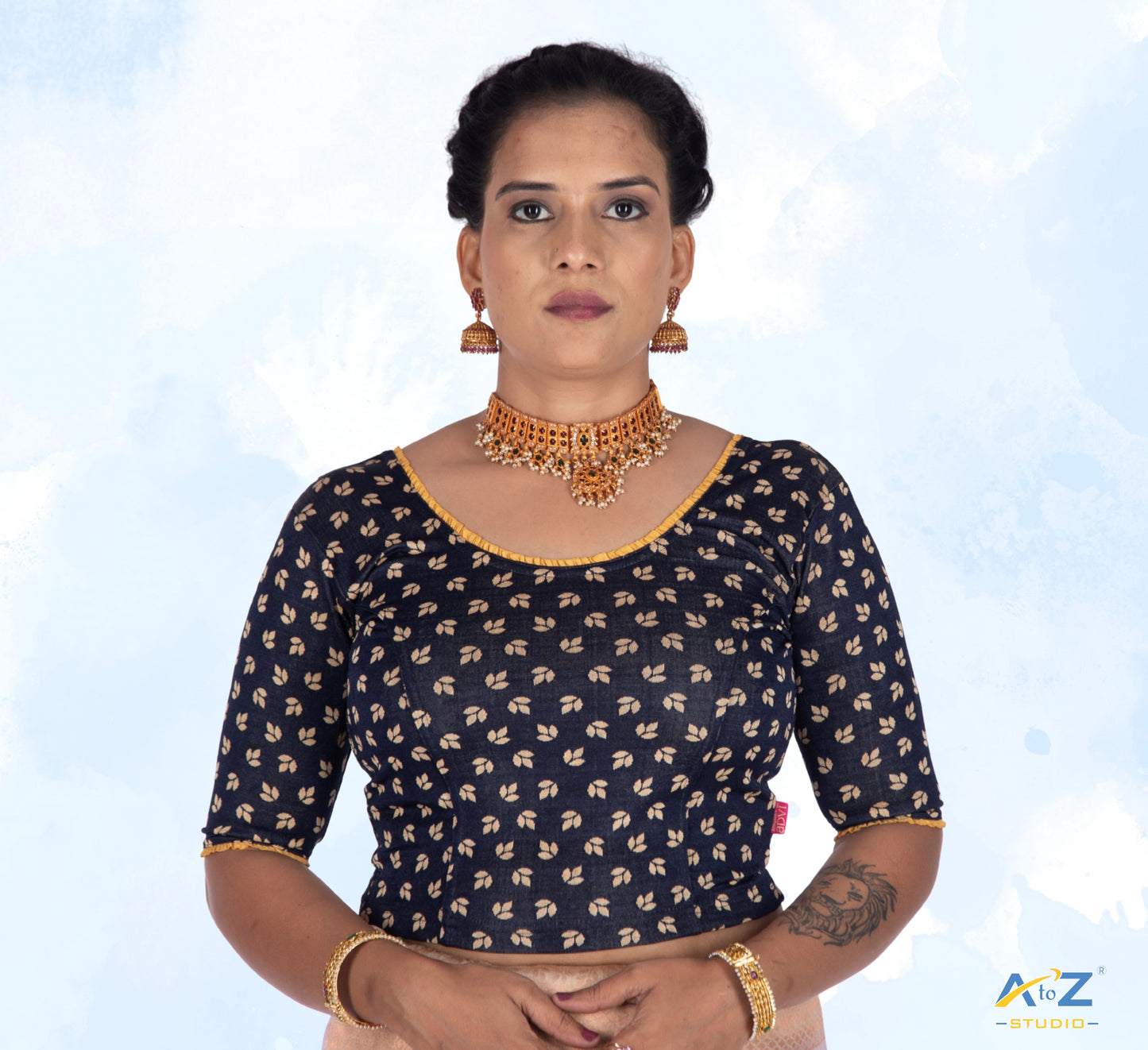 Black Nylon Lycra Leaf Design Elbow Sleeve Blouse