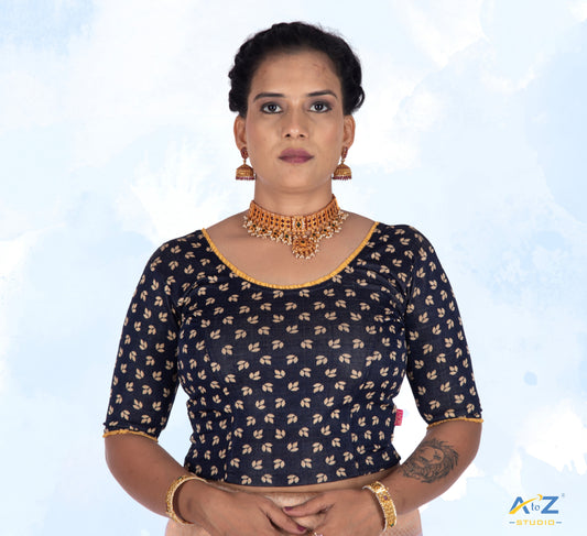 Black Nylon Lycra Leaf Design Elbow Sleeve Blouse