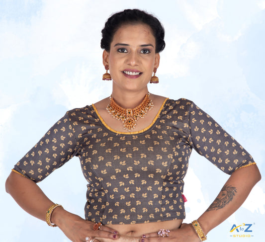 Grey Nylon Lycra Leaf Design Elbow Sleeve Blouse