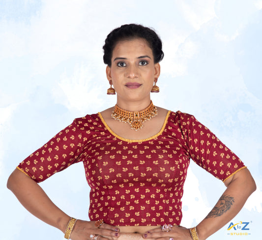 Maroon  Nylon Lycra Leaf Design Elbow Sleeve Blouse