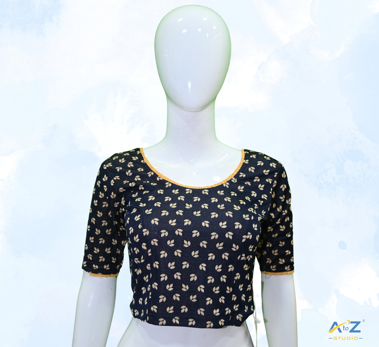 Navy Blue Nylon Lycra Leaf Design Elbow Sleeve Blouse