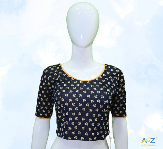 Navy Blue Nylon Lycra Leaf Design Elbow Sleeve Blouse