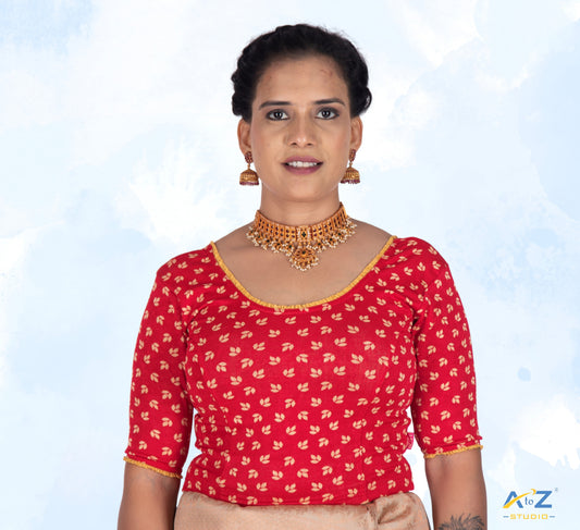 Red  Nylon Lycra Leaf Design Elbow Sleeve Blouse