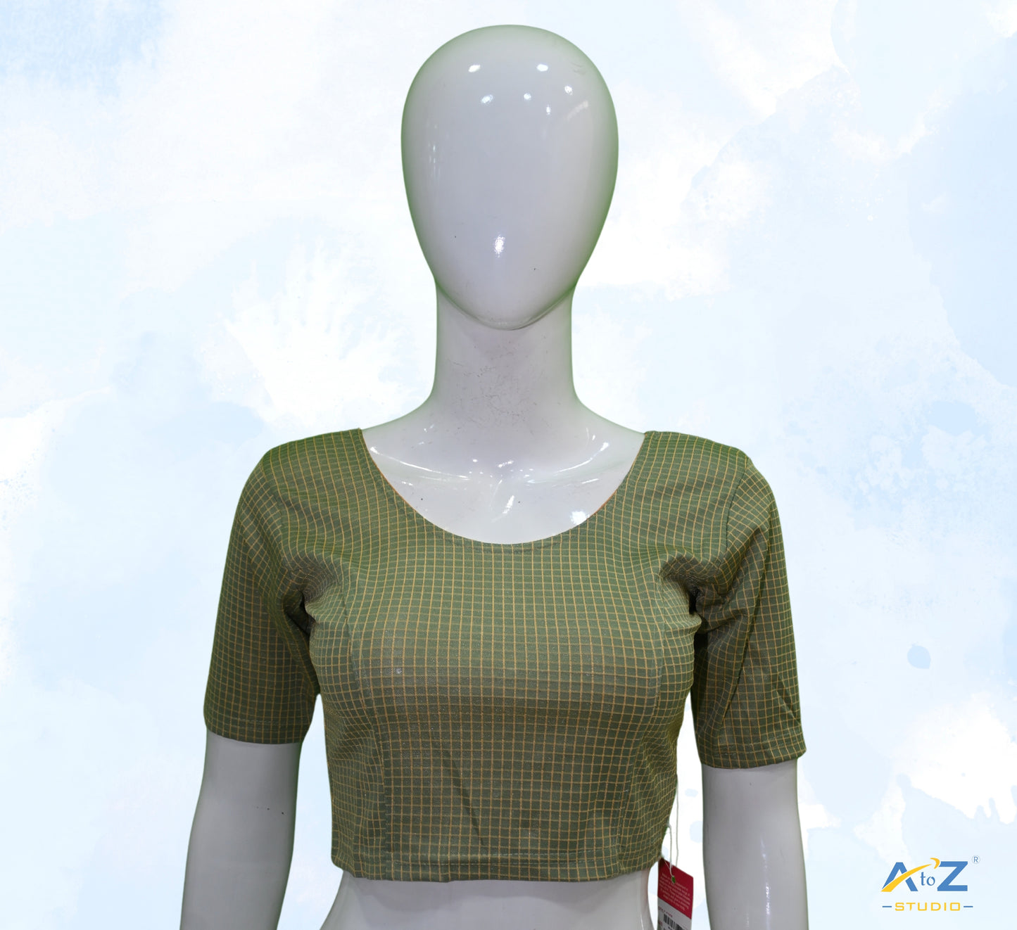 Dusty Olive Cotton Lycra Blouse with Micro Checks
