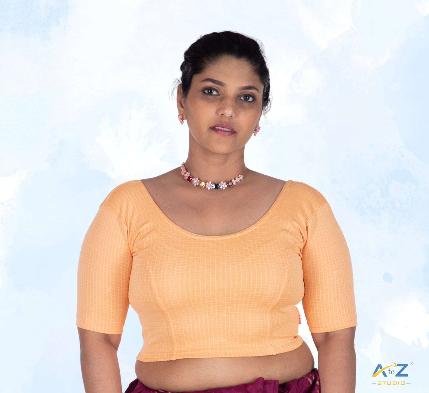 Peach  Cotton Lycra Blouse with Micro Checks