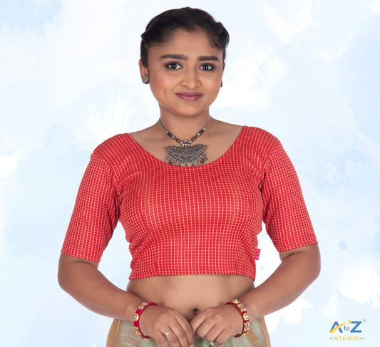 Red  Cotton Lycra Blouse with Micro Checks