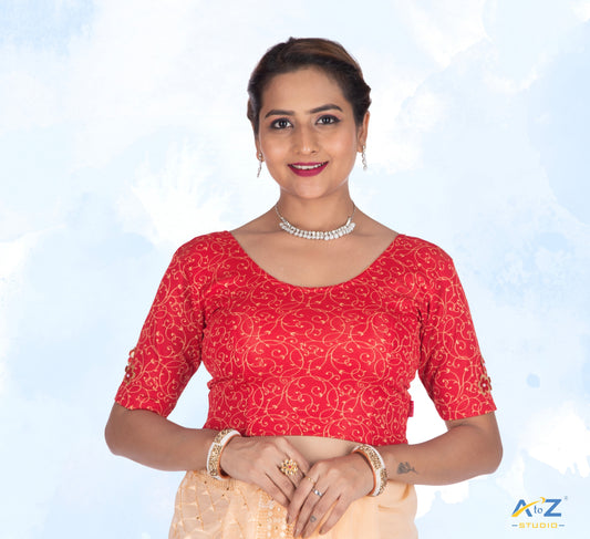 Red Nylon Lycra Blouse with Applique Flowers